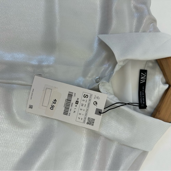 NWT / S/ ZARA Flowy Oversized Shimmer White  Pearl blouse button down shirt - Picture 12 of 16
